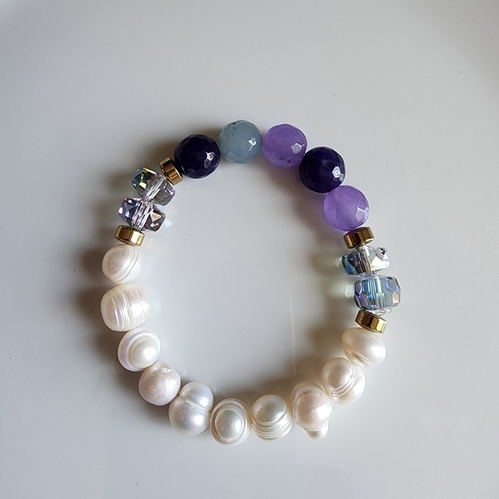 Freshwater Pearl Gemstone Bracelet Purple Blue Gold Beaded Stretch